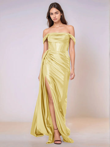 Off Shoulder Bodice Drop Waist Satin Bridesmaid Dress with Slit