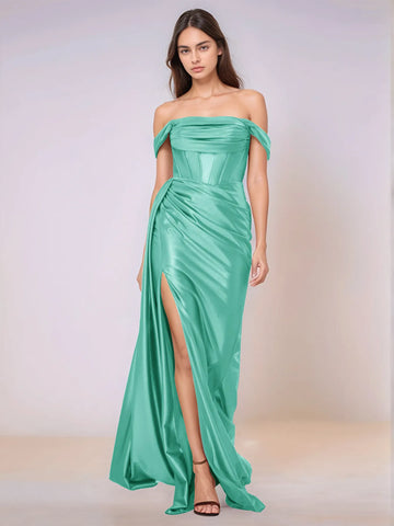 Off Shoulder Bodice Drop Waist Satin Bridesmaid Dress with Slit