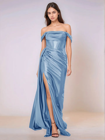 Off Shoulder Bodice Drop Waist Satin Bridesmaid Dress with Slit