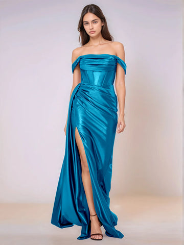 Off Shoulder Bodice Drop Waist Satin Bridesmaid Dress with Slit
