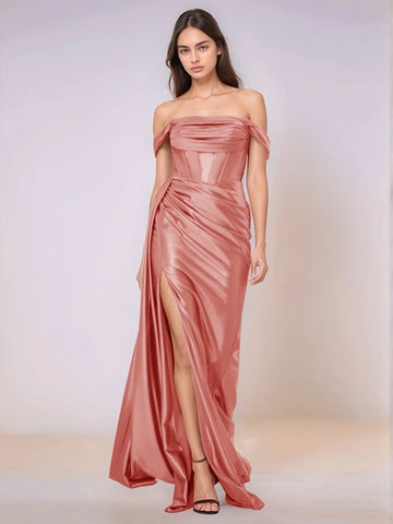 Off Shoulder Bodice Drop Waist Satin Bridesmaid Dress with Slit