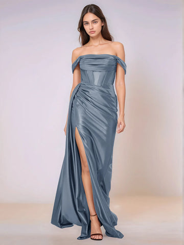 Off Shoulder Bodice Drop Waist Satin Bridesmaid Dress with Slit