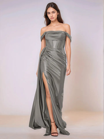 Off Shoulder Bodice Drop Waist Satin Bridesmaid Dress with Slit