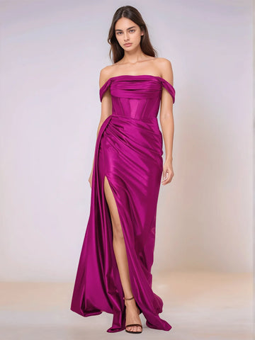 Off Shoulder Bodice Drop Waist Satin Bridesmaid Dress with Slit
