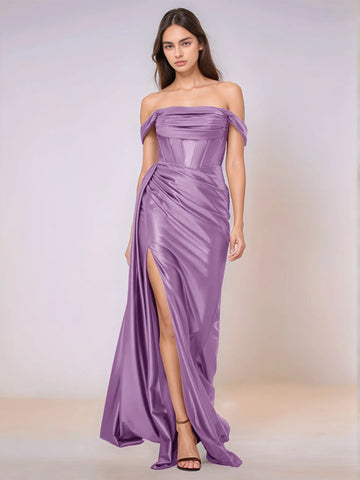 Off Shoulder Bodice Drop Waist Satin Bridesmaid Dress with Slit