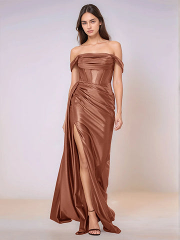 Off Shoulder Bodice Drop Waist Satin Bridesmaid Dress with Slit