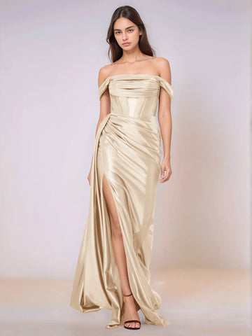 Off Shoulder Bodice Drop Waist Satin Bridesmaid Dress with Slit