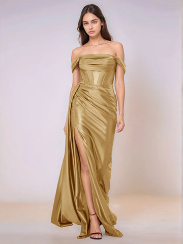 Off Shoulder Bodice Drop Waist Satin Bridesmaid Dress with Slit