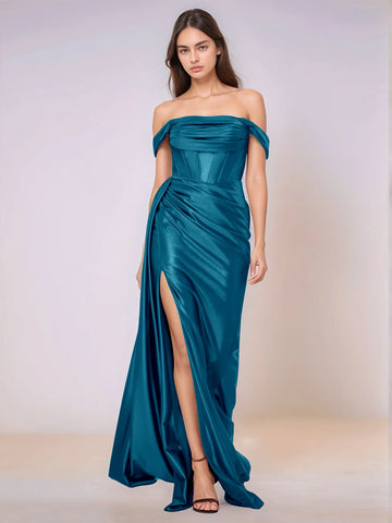 Off Shoulder Bodice Drop Waist Satin Bridesmaid Dress with Slit
