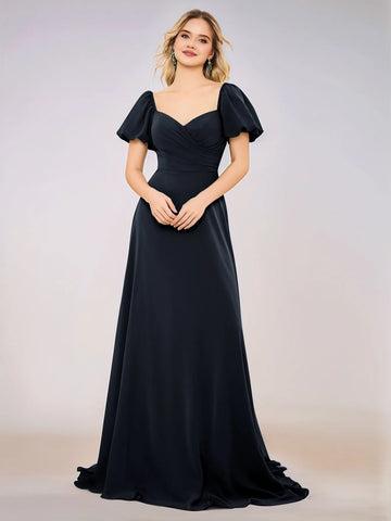 Short Puff Sleeve Chiffon A-line Bridesmaid Dress