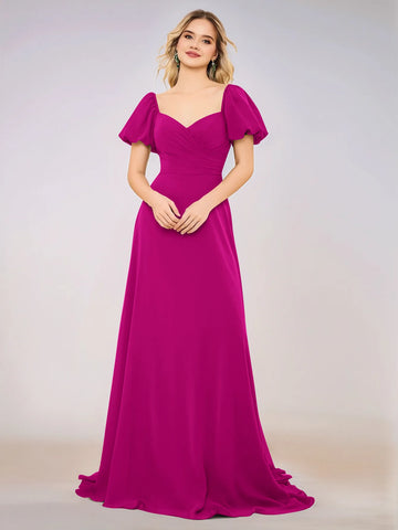 Short Puff Sleeve Chiffon A-line Bridesmaid Dress