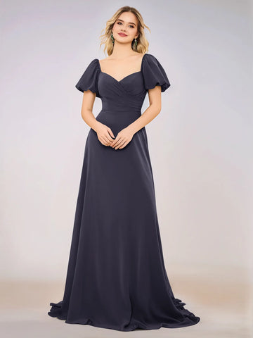 Short Puff Sleeve Chiffon A-line Bridesmaid Dress