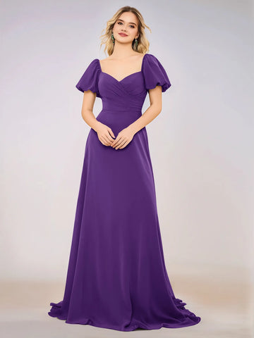 Short Puff Sleeve Chiffon A-line Bridesmaid Dress