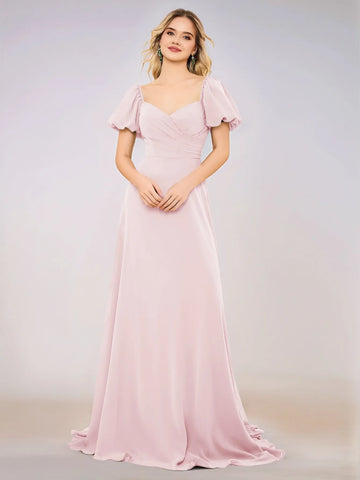 Short Puff Sleeve Chiffon A-line Bridesmaid Dress