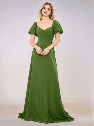 Short Puff Sleeve Chiffon A-line Bridesmaid Dress