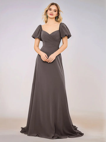 Short Puff Sleeve Chiffon A-line Bridesmaid Dress