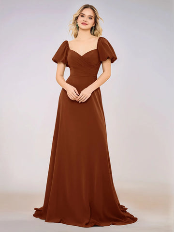 Short Puff Sleeve Chiffon A-line Bridesmaid Dress