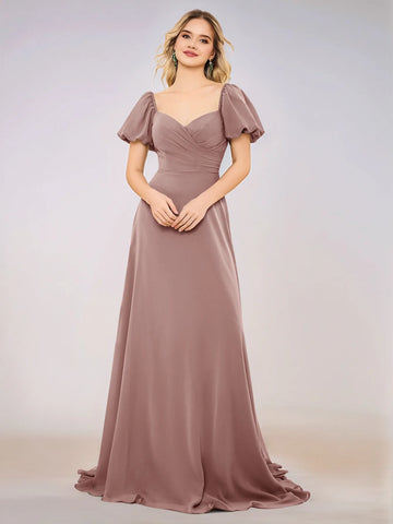 Short Puff Sleeve Chiffon A-line Bridesmaid Dress
