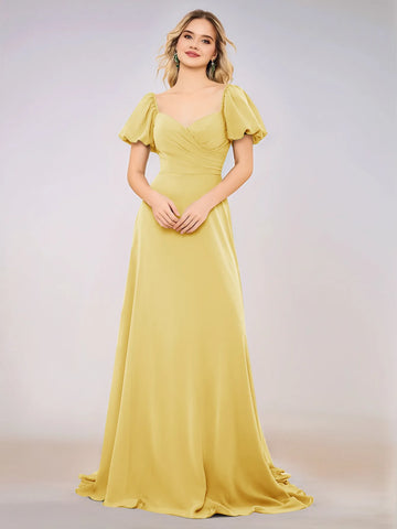 Short Puff Sleeve Chiffon A-line Bridesmaid Dress