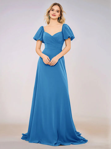 Short Puff Sleeve Chiffon A-line Bridesmaid Dress