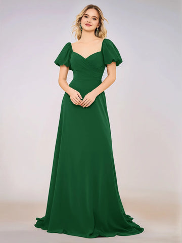 Short Puff Sleeve Chiffon A-line Bridesmaid Dress