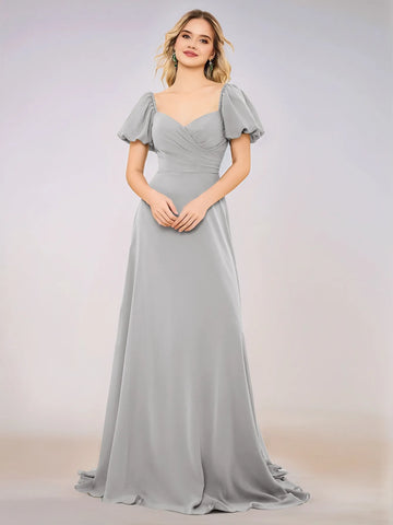 Short Puff Sleeve Chiffon A-line Bridesmaid Dress
