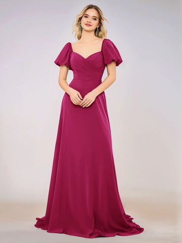 Short Puff Sleeve Chiffon A-line Bridesmaid Dress
