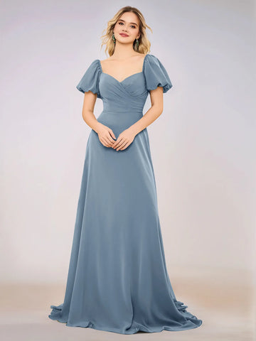 Short Puff Sleeve Chiffon A-line Bridesmaid Dress