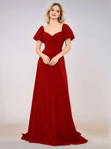 Short Puff Sleeve Chiffon A-line Bridesmaid Dress