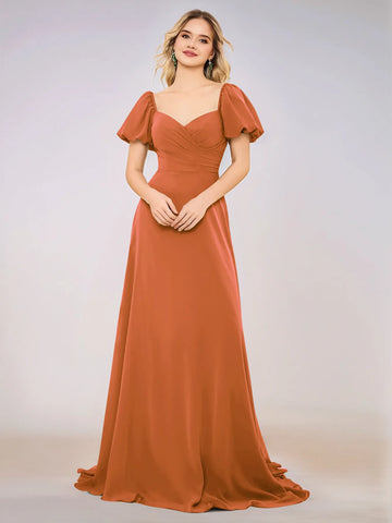 Short Puff Sleeve Chiffon A-line Bridesmaid Dress