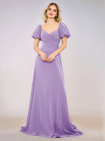 Short Puff Sleeve Chiffon A-line Bridesmaid Dress