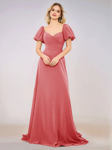 Short Puff Sleeve Chiffon A-line Bridesmaid Dress