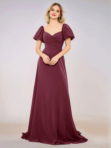 Short Puff Sleeve Chiffon A-line Bridesmaid Dress