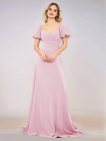 Short Puff Sleeve Chiffon A-line Bridesmaid Dress