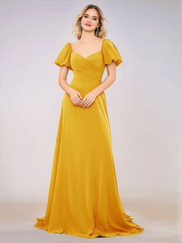 Short Puff Sleeve Chiffon A-line Bridesmaid Dress