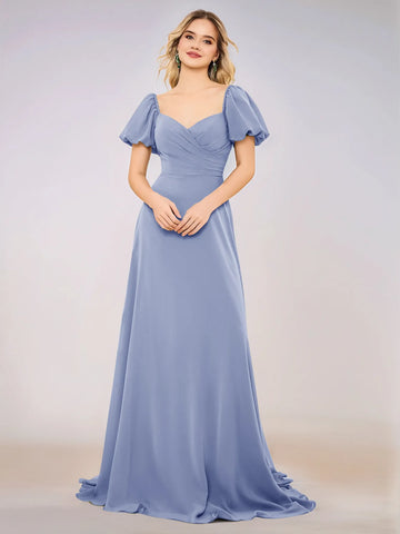 Short Puff Sleeve Chiffon A-line Bridesmaid Dress