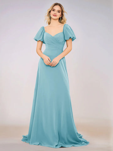 Short Puff Sleeve Chiffon A-line Bridesmaid Dress