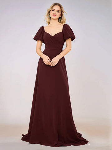 Short Puff Sleeve Chiffon A-line Bridesmaid Dress