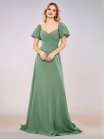 Short Puff Sleeve Chiffon A-line Bridesmaid Dress
