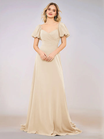 Short Puff Sleeve Chiffon A-line Bridesmaid Dress