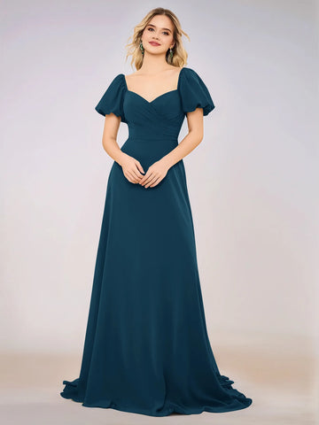 Short Puff Sleeve Chiffon A-line Bridesmaid Dress