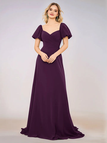 Short Puff Sleeve Chiffon A-line Bridesmaid Dress