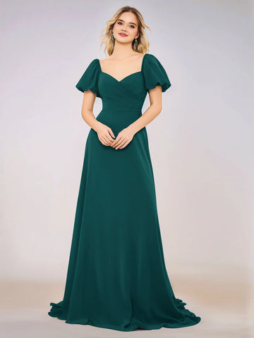 Short Puff Sleeve Chiffon A-line Bridesmaid Dress