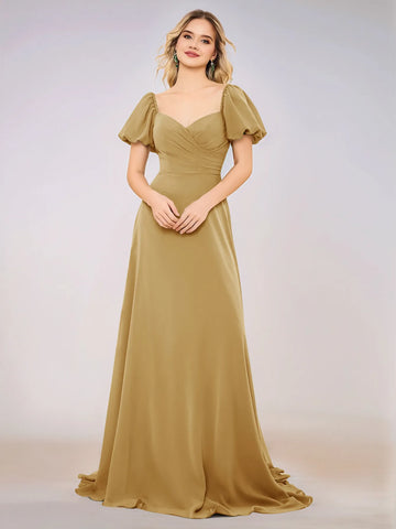 Short Puff Sleeve Chiffon A-line Bridesmaid Dress