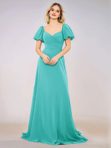 Short Puff Sleeve Chiffon A-line Bridesmaid Dress