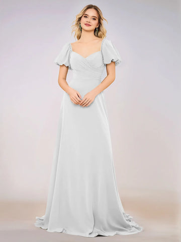 Short Puff Sleeve Chiffon A-line Bridesmaid Dress
