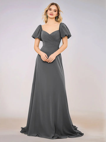 Short Puff Sleeve Chiffon A-line Bridesmaid Dress