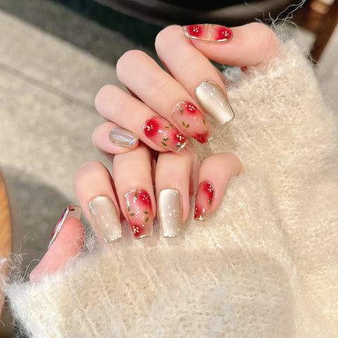 Press on Nails Set with Tool Pack Glitter Cat Eye Flower Nail Art for Summer