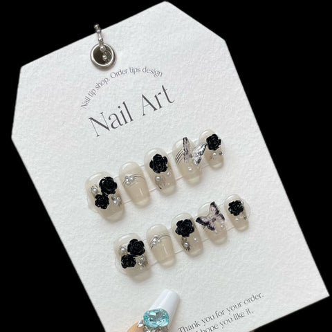 High Quality Shinny Glitter French Tips Luxury Short Coffin 3D butterfly Camellia False Nails Handmade Press on Nails