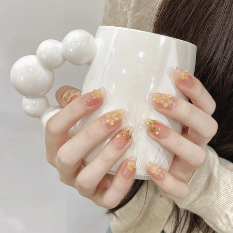 3D Press on Nails Ballerina Medium Coffin French Tip Nails Manicure Acrylic Stick on Nails